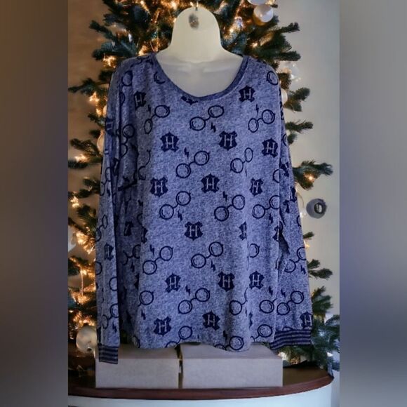 HARRY POTTER  LOUNGE SET WIZARDING WORLD LOGO KNIT Blue/Gray  Cozy  2-Piece - Picture 7 of 12